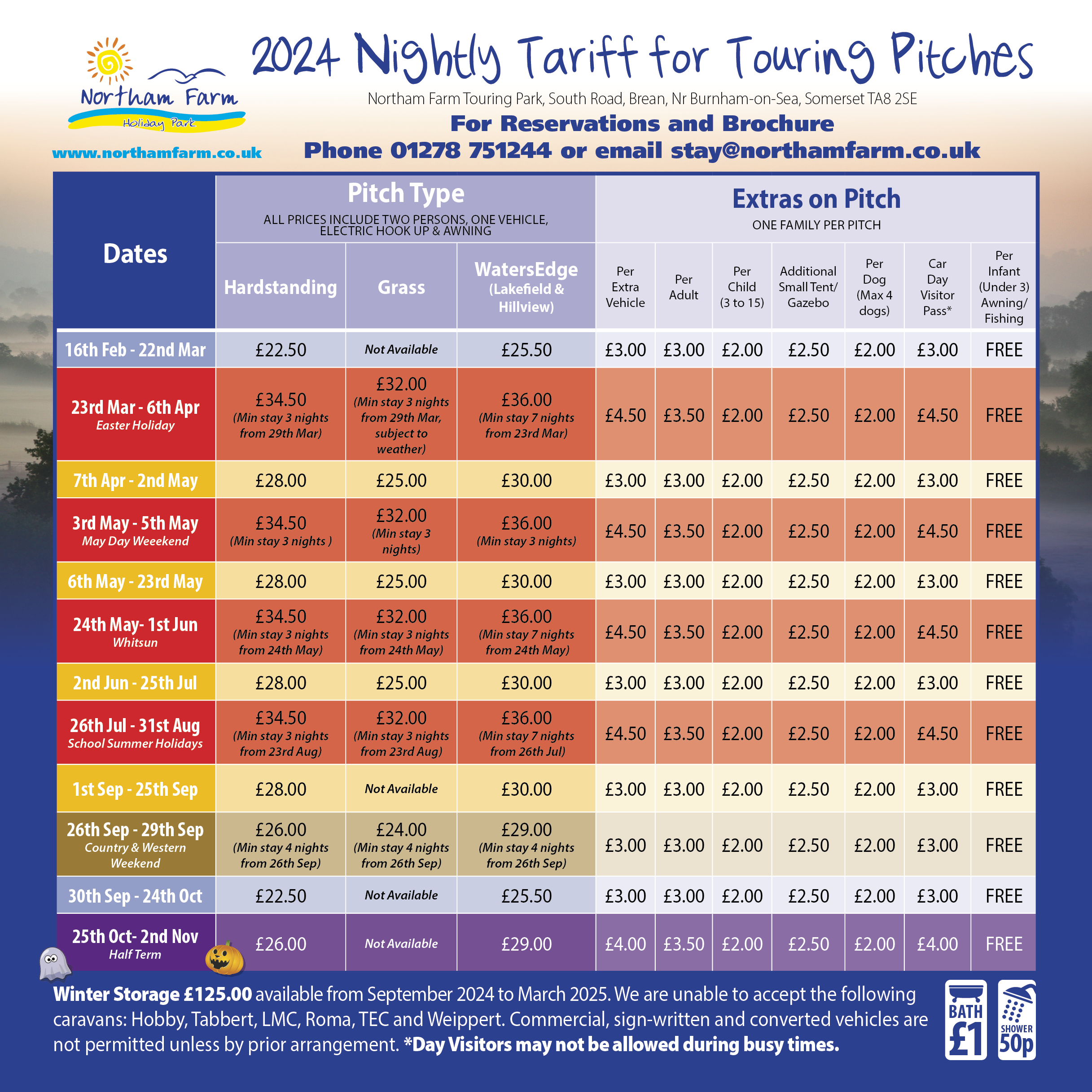 Northam Farm 2019 Nightly Tariff for Touring Pitches